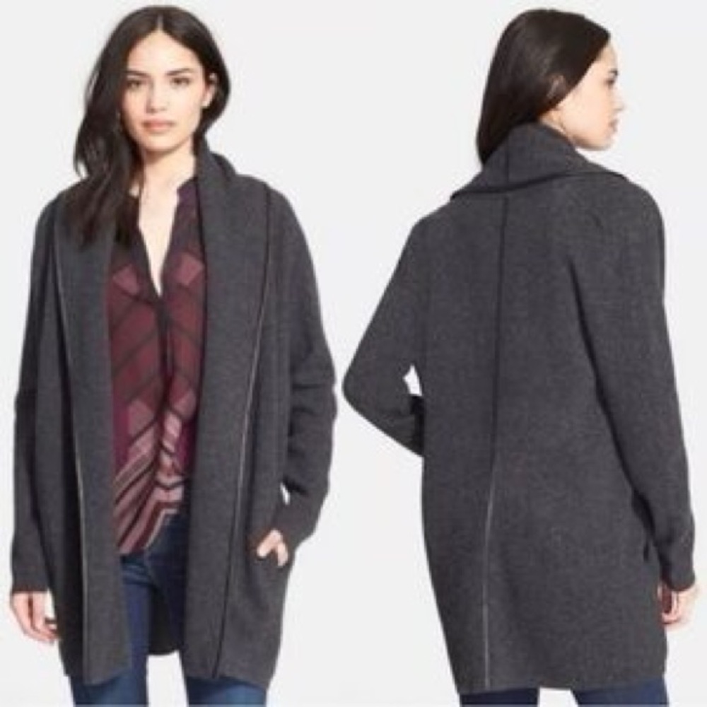 VINCE Leather Trim Cardigan Cashmere Wool Silk - Picture 4 of 16